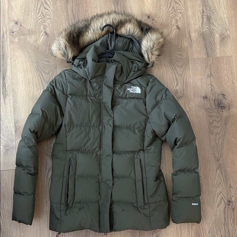 The North Face Olive Puffer Jacket with Fur Hood